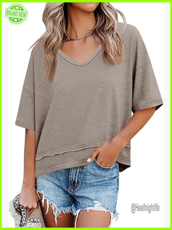 Tops - V Neck Short Sleeve Flowy Tunic Tee | Soft Stretchy | Loose Fit Basics